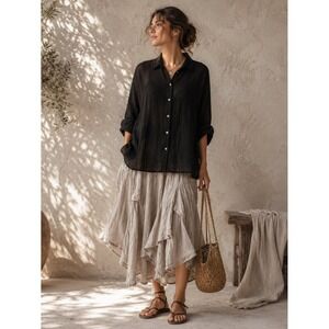 100% Linen NEW Button Front Top L Black Gauze High Low Dolman Lagenlook Natural
